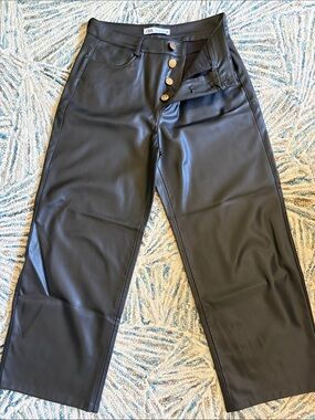 Zara Black Faux Leather Wide-Leg Button-Front Pants